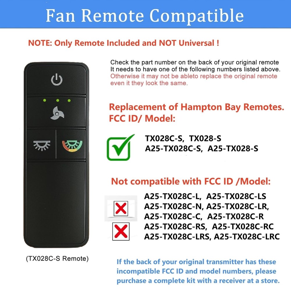 TX028C-S Ceiling Fan Remote Control Replacement for Hampton Bay Home Decorators