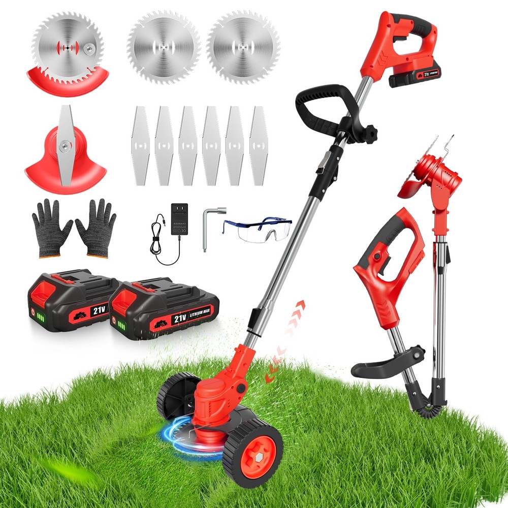 Weed Wacker with Wheels, Cordless Grass String Trimmer, Electric Weed Eater w...