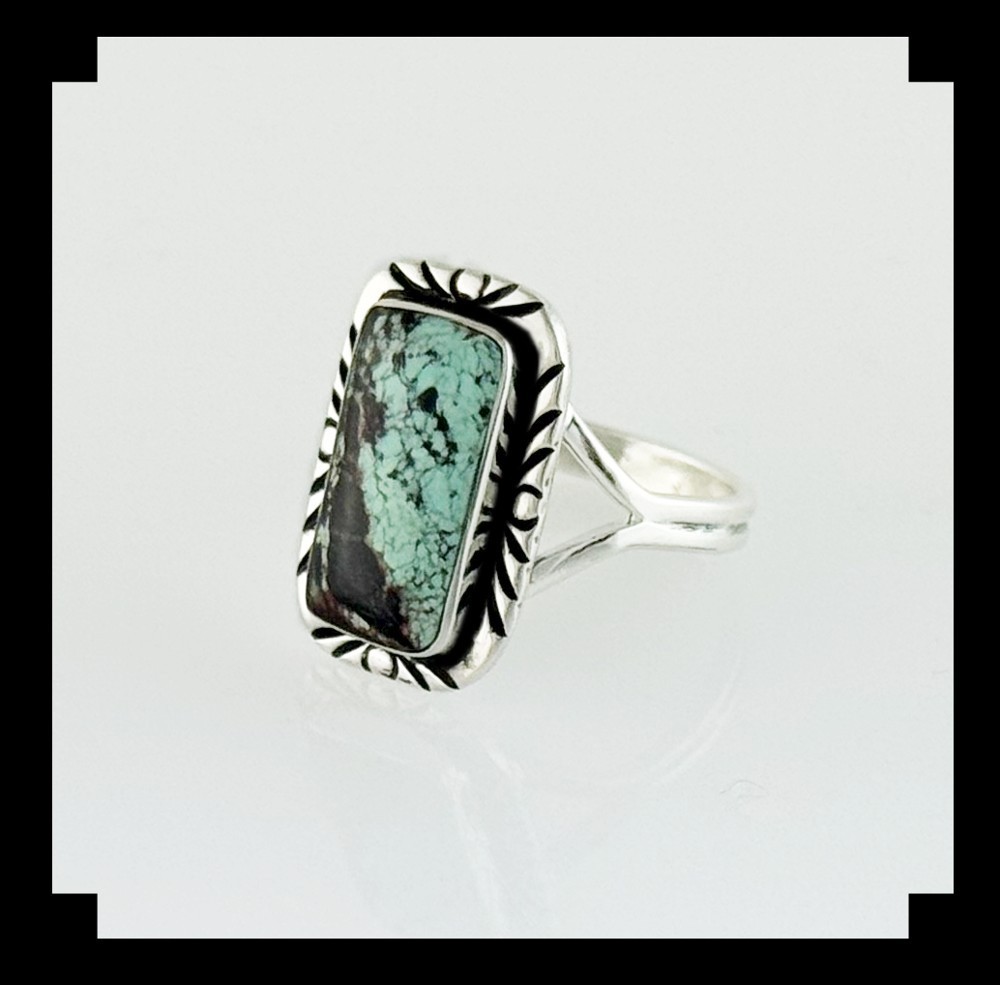 Handcrafted Sterling Silver and Blackjack Turquoise Ring Size 8 1/2