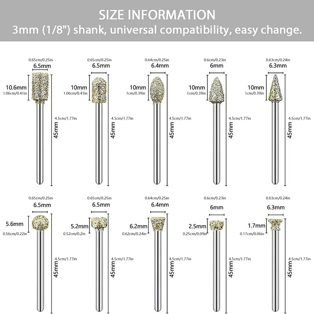 20pcs 3mm Rougher Surface Rotary Diamond Burr Drill Bits Grinding Carving Tool