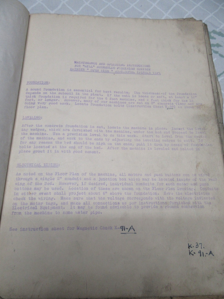 HILL OPERATING - MAINTENANCE MANUAL PRECISION SURFACE GRINDERS BOOK 1942