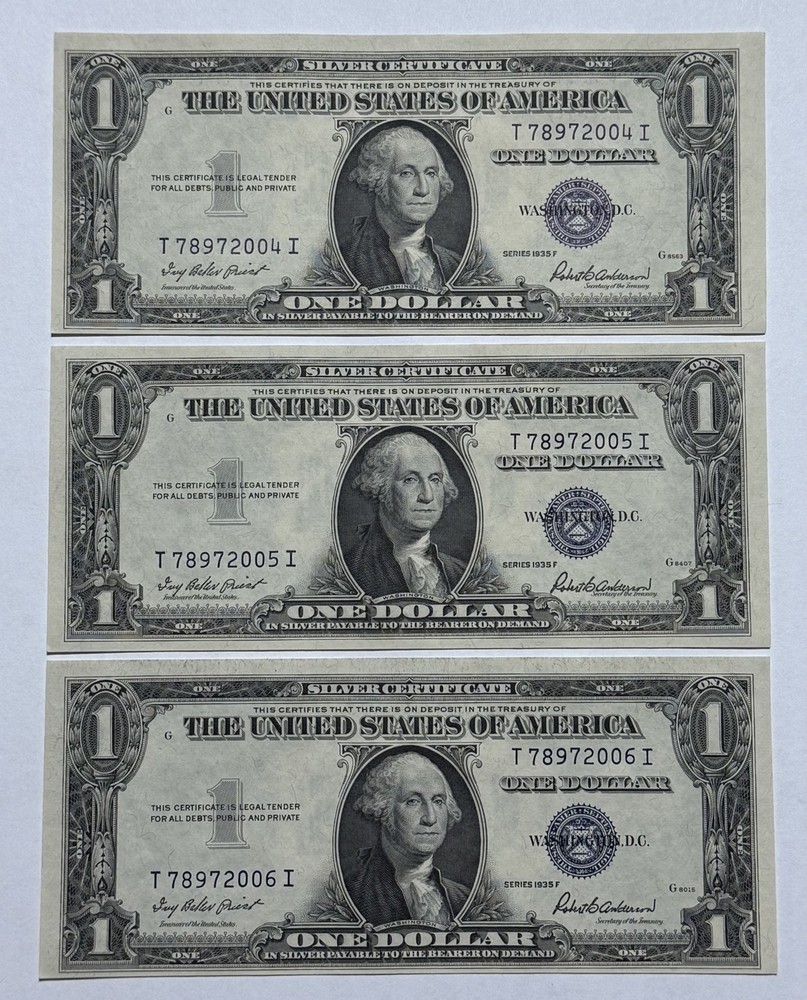 1935-F $1 Dollar Bill Silver Certificate Note 3 Pc Sequential 004I