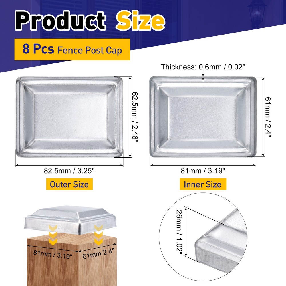 8Pcs Fence Post Cap, Galvanized Deck Post Caps Fit 3.2" x 2.4" Pipe, Silver