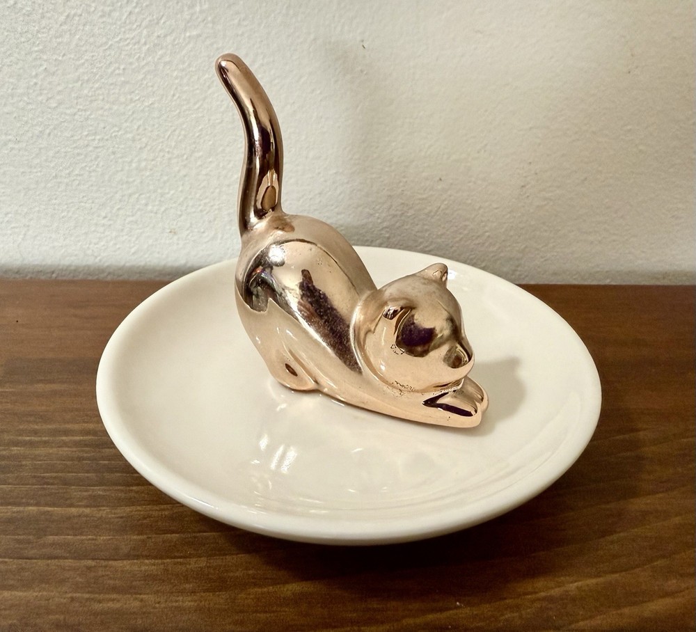 Gold Cat Ceramic Ring Holder Plate  Adorable