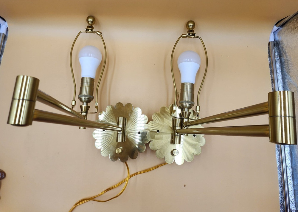 2 Flower scalloped brass base adjustable swivel light plug in wall