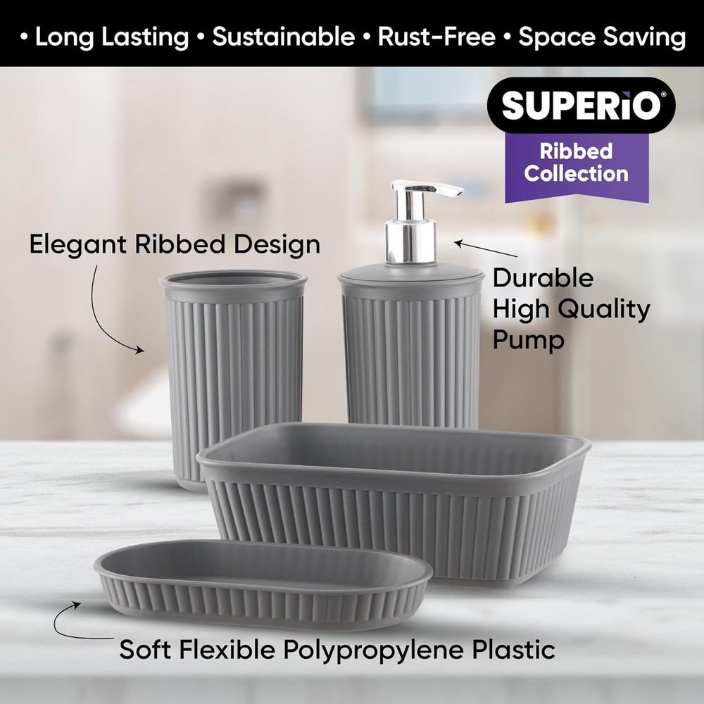 Superio Decorative Ribbed Bathroom Accessory Set, Plastic - Grey (4 Pack)