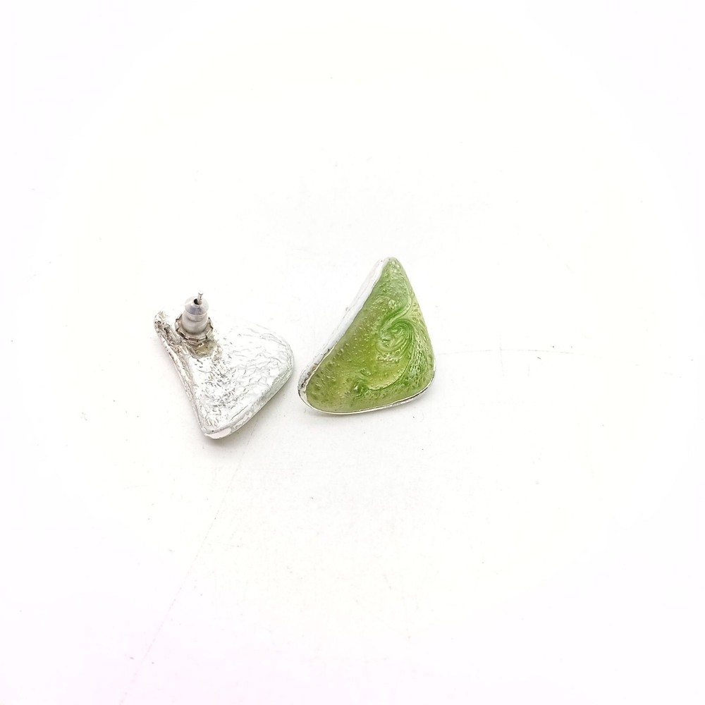Vintage Triangle Green Enamel Stud Earrings With Silver-Tone Setting