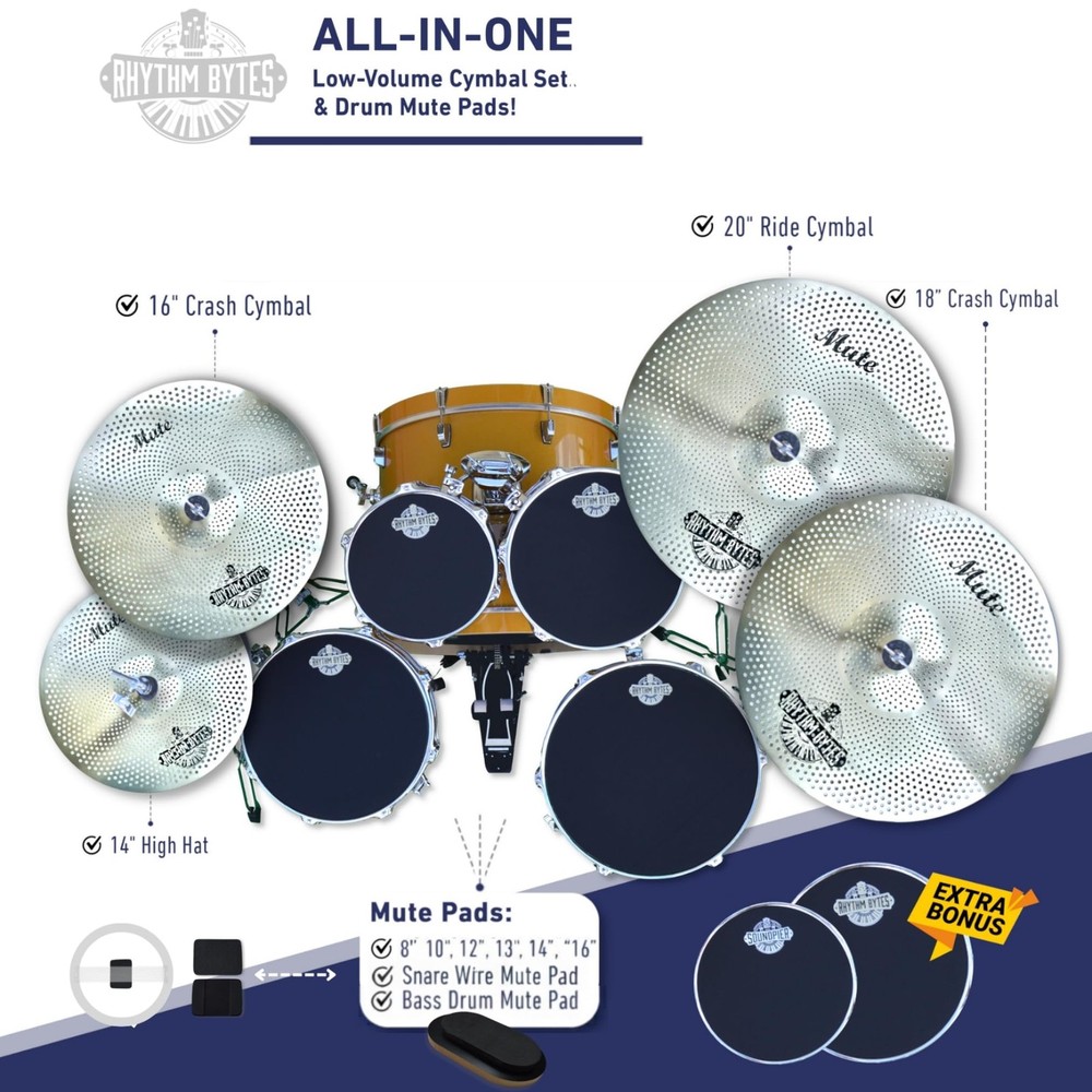 Rhythm Bytes Low Volume Cymbal Pack 12-pcs Complete Mutes Set Silver, Silver