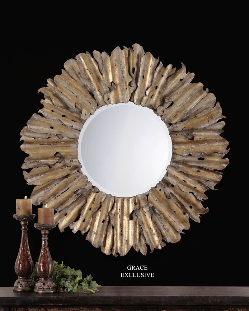 Modern Hammered Sunburst Gold Wall Mirror | Rustic Metal