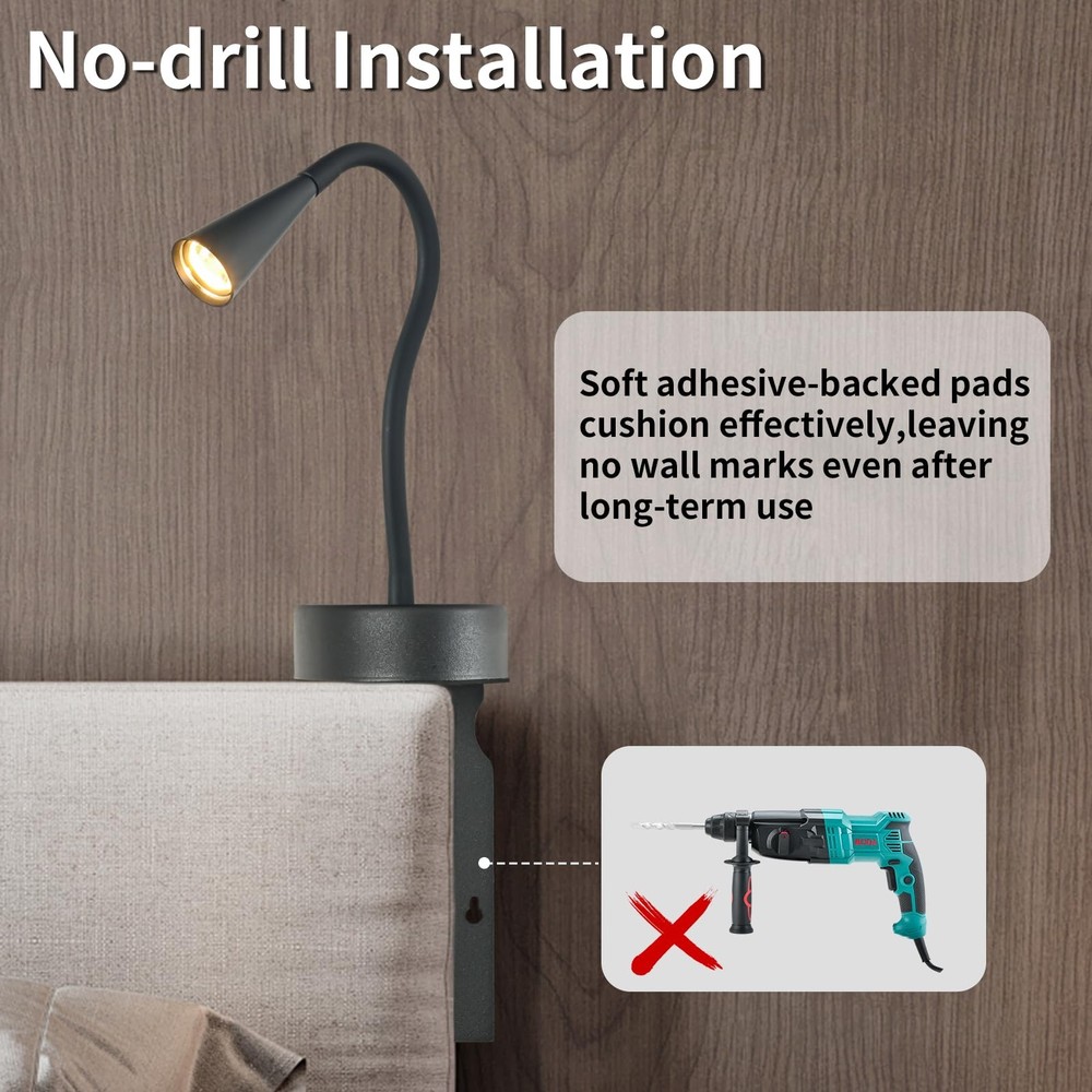 Black Headboard Reading Light, No Drilling Wall Mounted Reading Lights for Be...