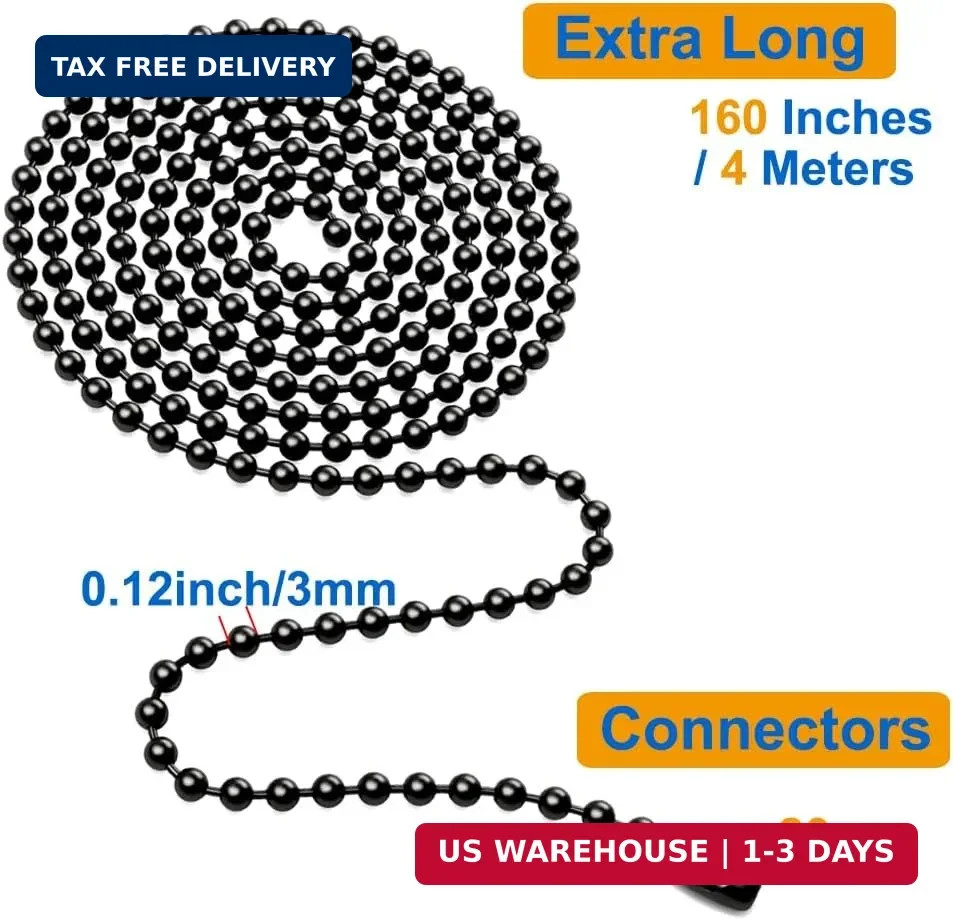 Black Ceiling Fan Pull Chain,160" Rustproof 3mm Beaded Ball Pull Chain Extension