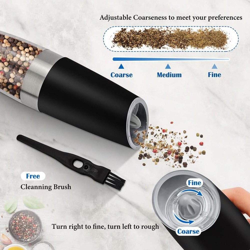 2Pcs Gravity Electric Salt and Pepper Grinder Set, Battery Powered LED Light ...