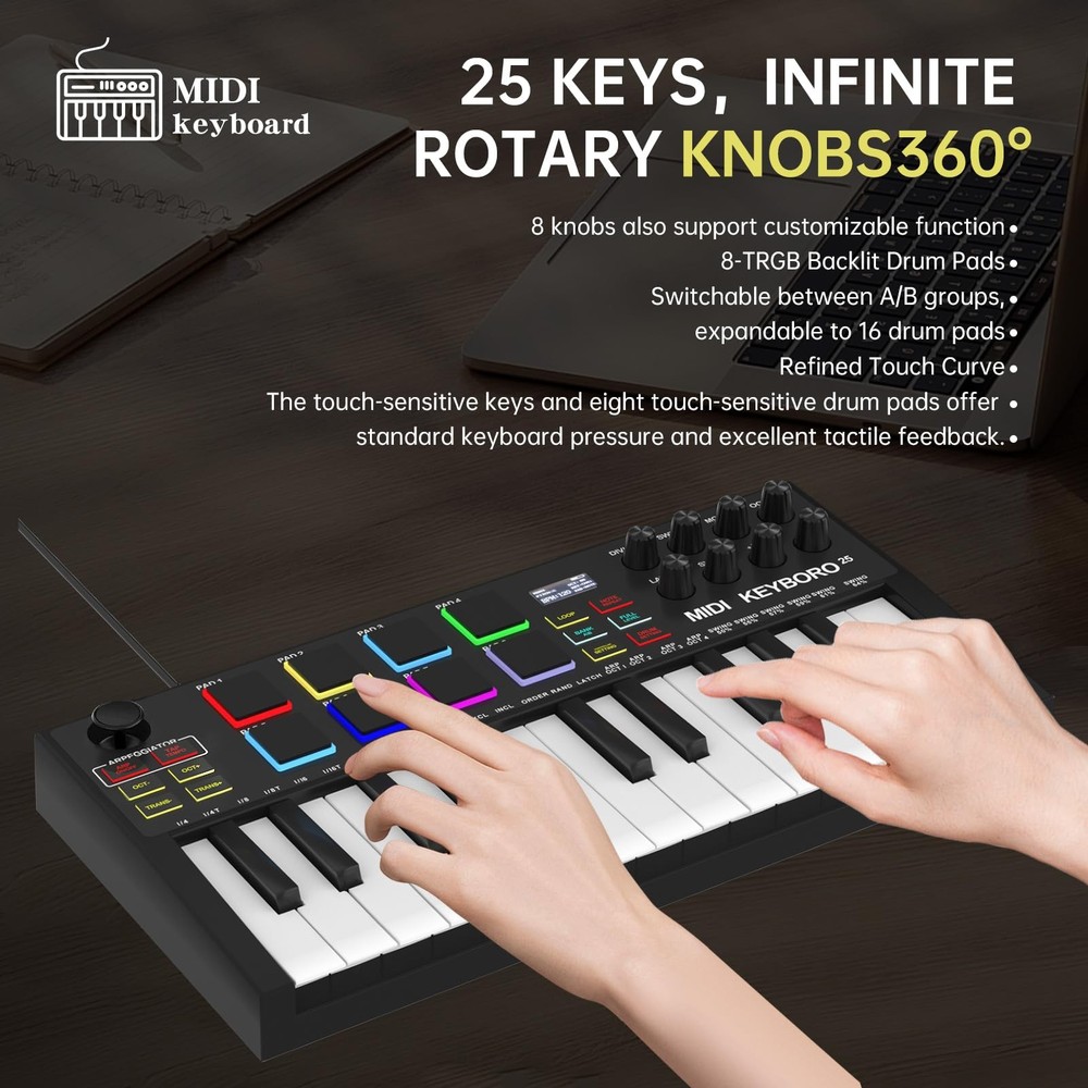 25Key USB MIDI Keyboard Controller with Backlit Pads and Knobs for Production