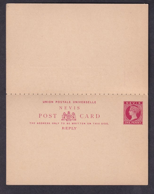 Nevis QV 1d+1d complete postal stationery reply card Mint
