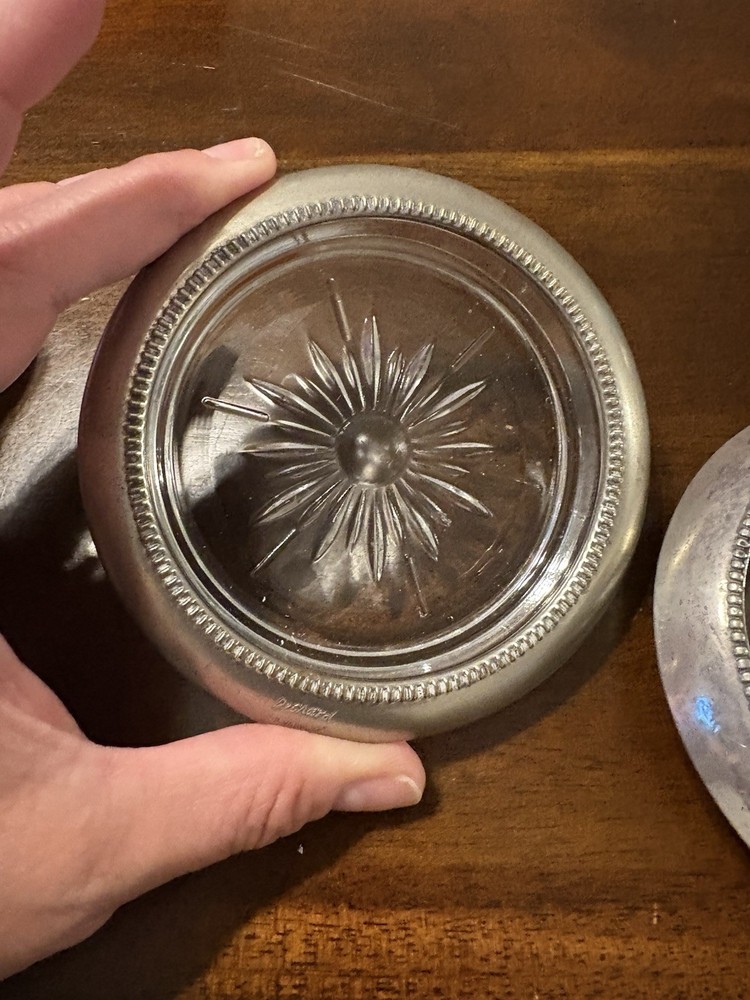 3 Vintage Leonard Silverplate and Glass Coaster Starburst Pattern