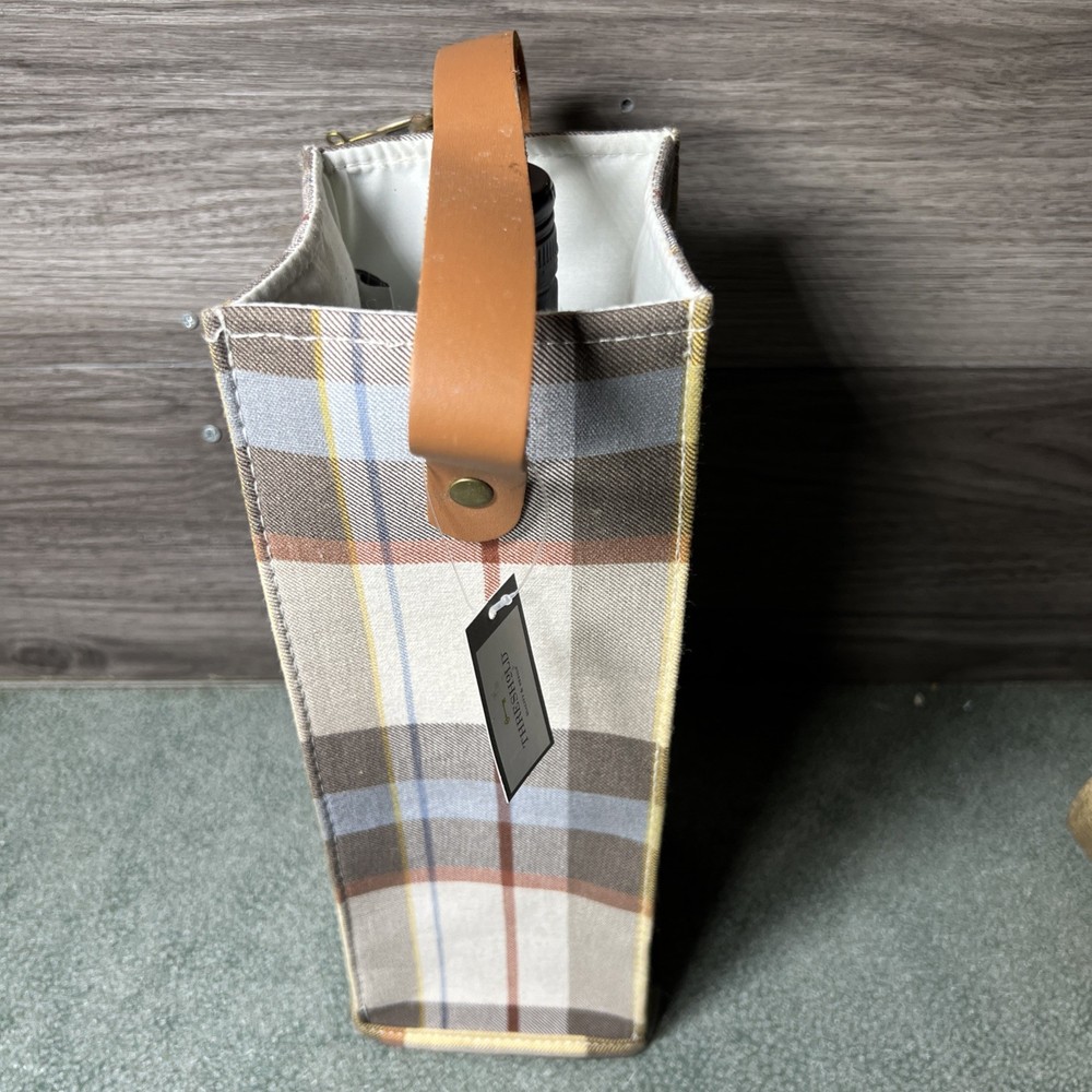 Threshold Plaid Canvas Wine Bag With Leather Handle Brown/White