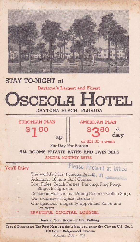 c1940 Osceola Hotel Daytona Beach Broadside Brochure