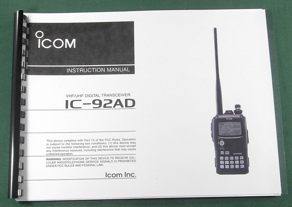 Icom IC-92AD Instruction Manual: Plastic Protective Covers & Comb Bound!