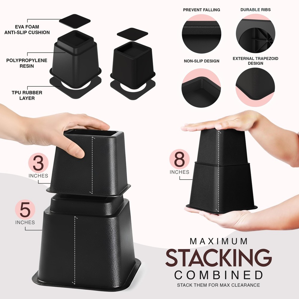 Utopia Bedding Bed Riser, 3 & 5 Inches Adjustable Large, Small, Black