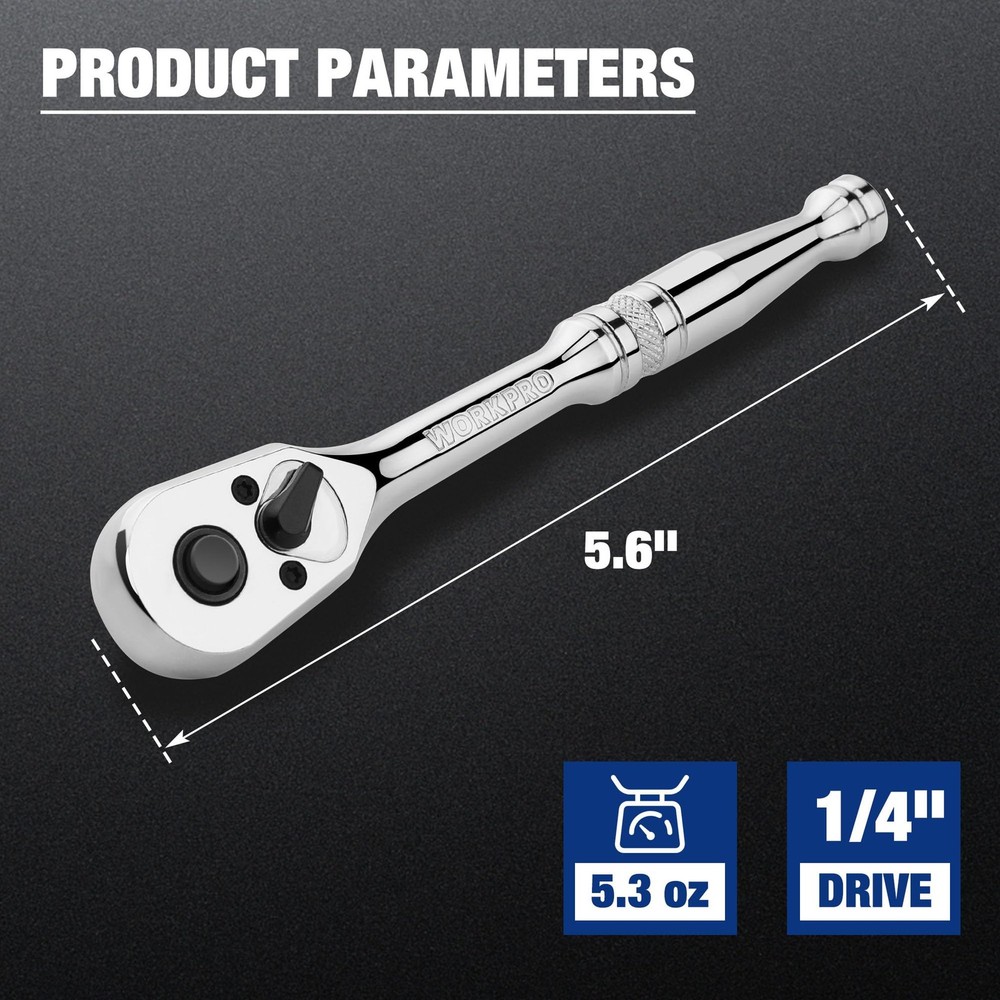 WORKPRO 1/4-Inch Drive Ratchet, Quick-Release Reversible 1/4", Silver, Black