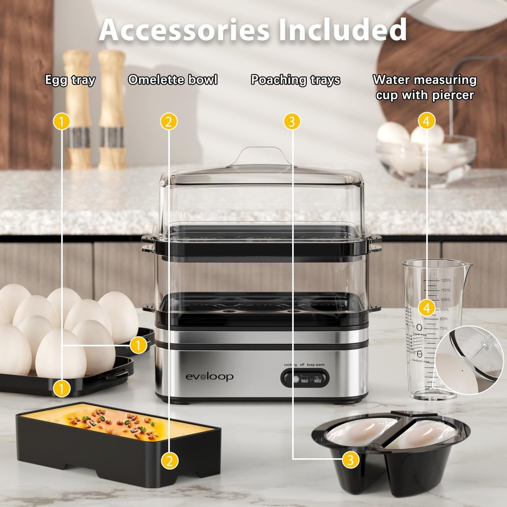 Evoloop Rapid Egg Cooker Electric 12 Eggs Capacity, Soft, Medium, Hard Boiled, P
