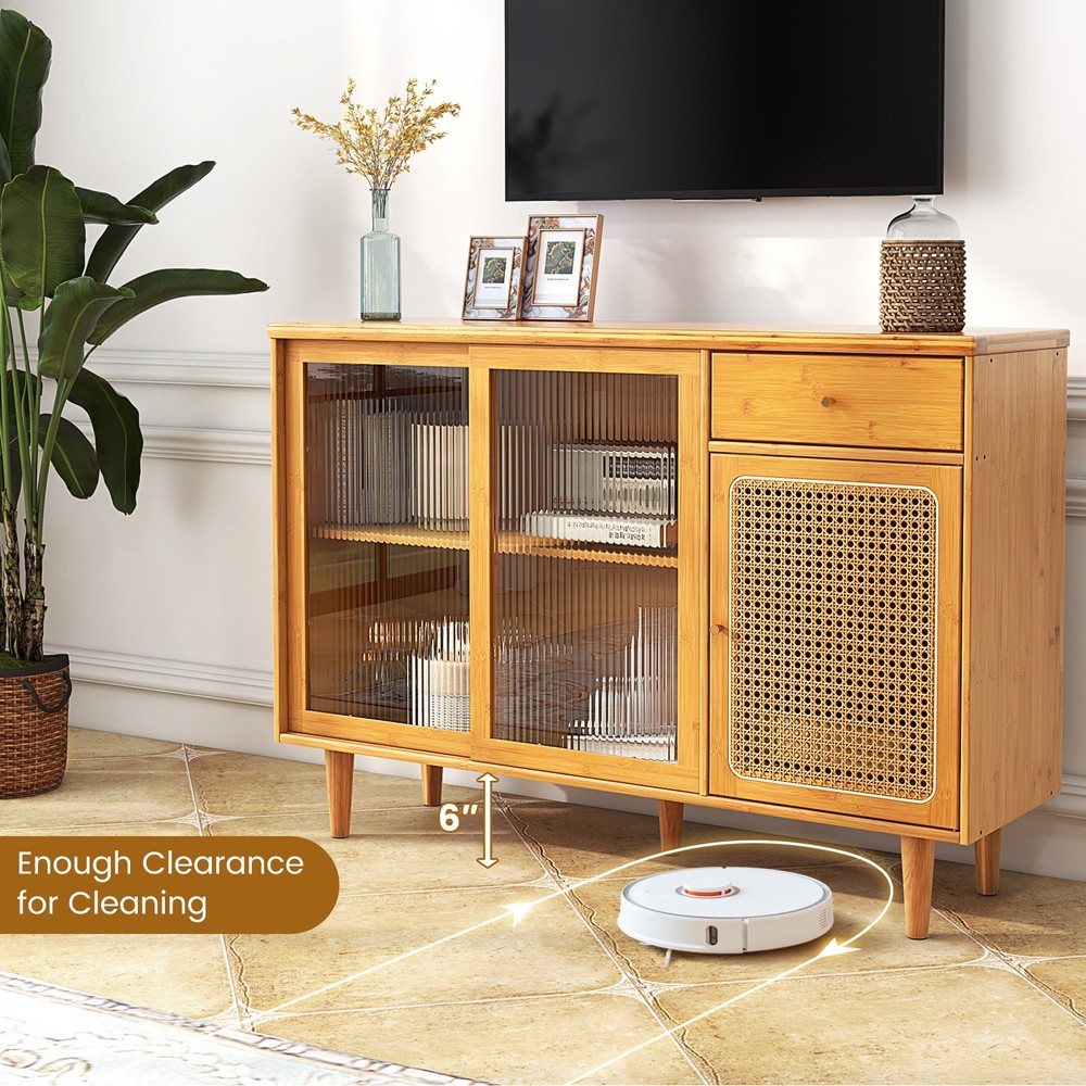 Buffet Sideboard Cabinet Rattan Console Table with Sliding Doors Storage Drawer