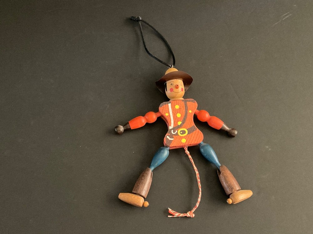 Vintage Wooden Jumping Jack "Mountie" Pull String Toy Austria