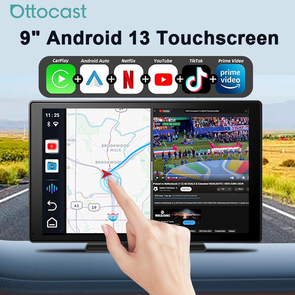 Ottocast 9" Car Touchscreen Wireless CarPlay+Android Streaming w/Youtube+TK