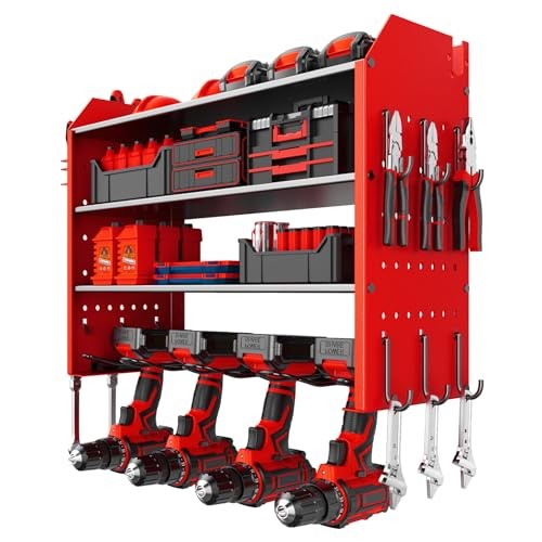 Wall Organizer for Power Tool Storage, Garage Tool Organizer with 4 Red-4tier