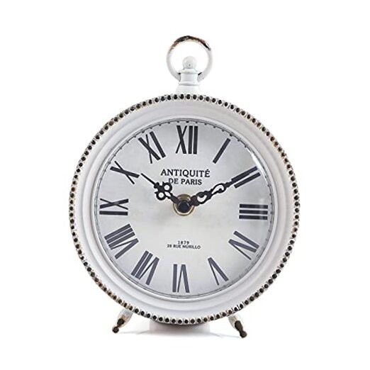 Vintage Table Clock with Handle, Shelf Desk Top Clock Battery Operated White