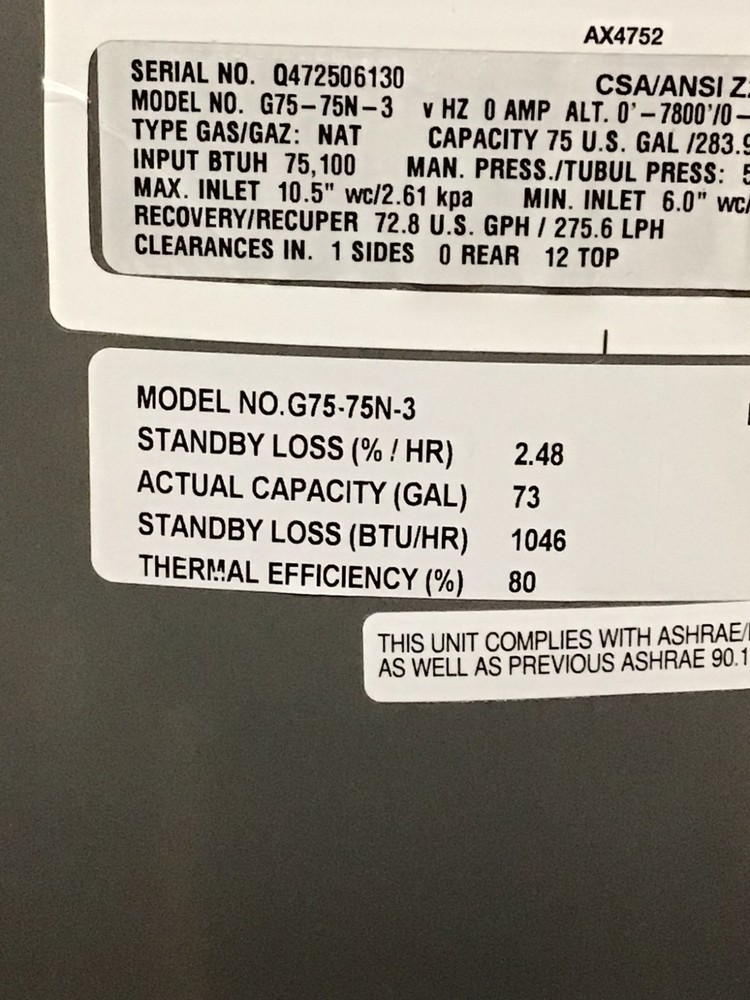 RHEEM Rudd G75-75N-3 75 Gallon Commercial Gas Water Heater 75K Natural Gas NEW