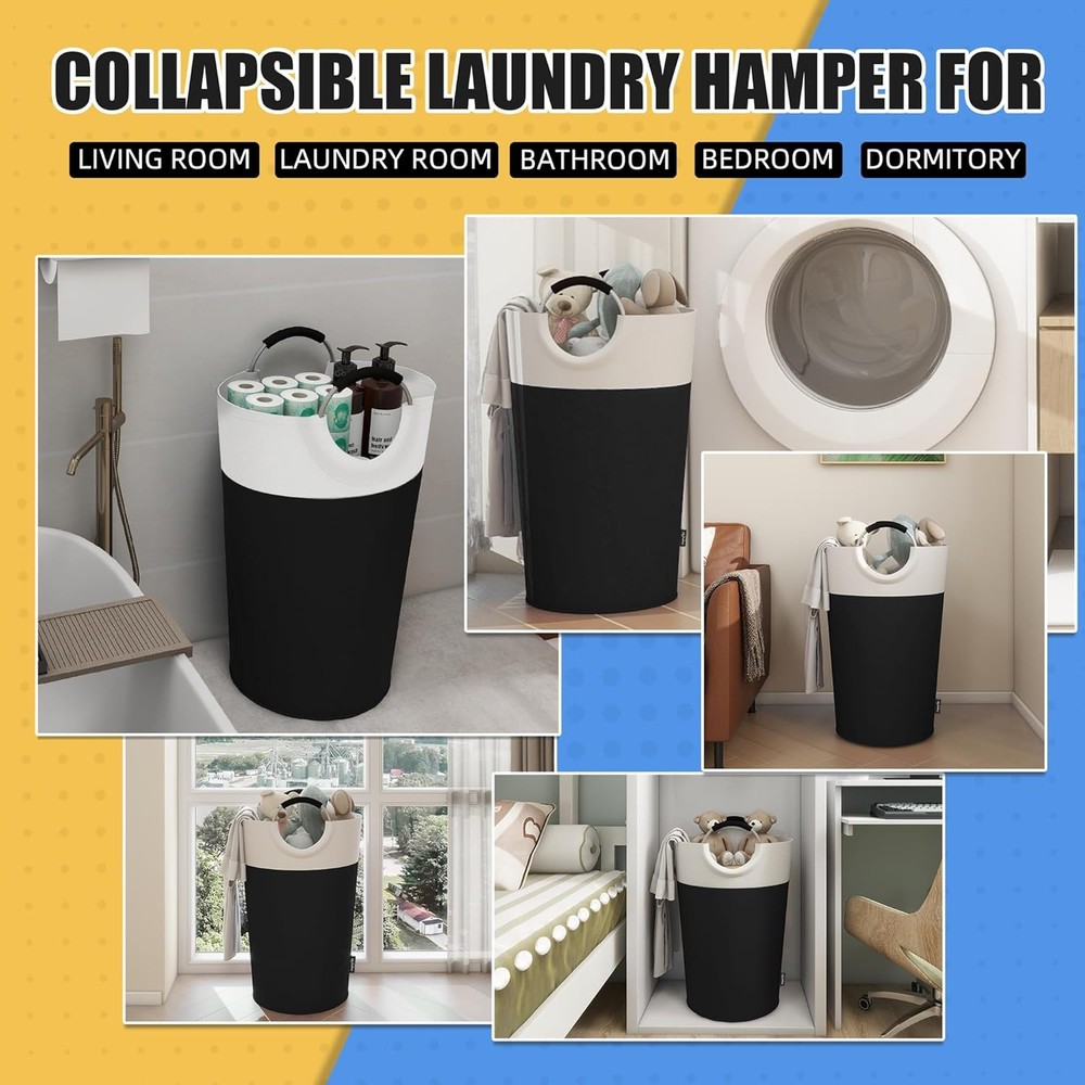 90L Laundry Basket, Collapsible Hamper with 90L, Black&Beige