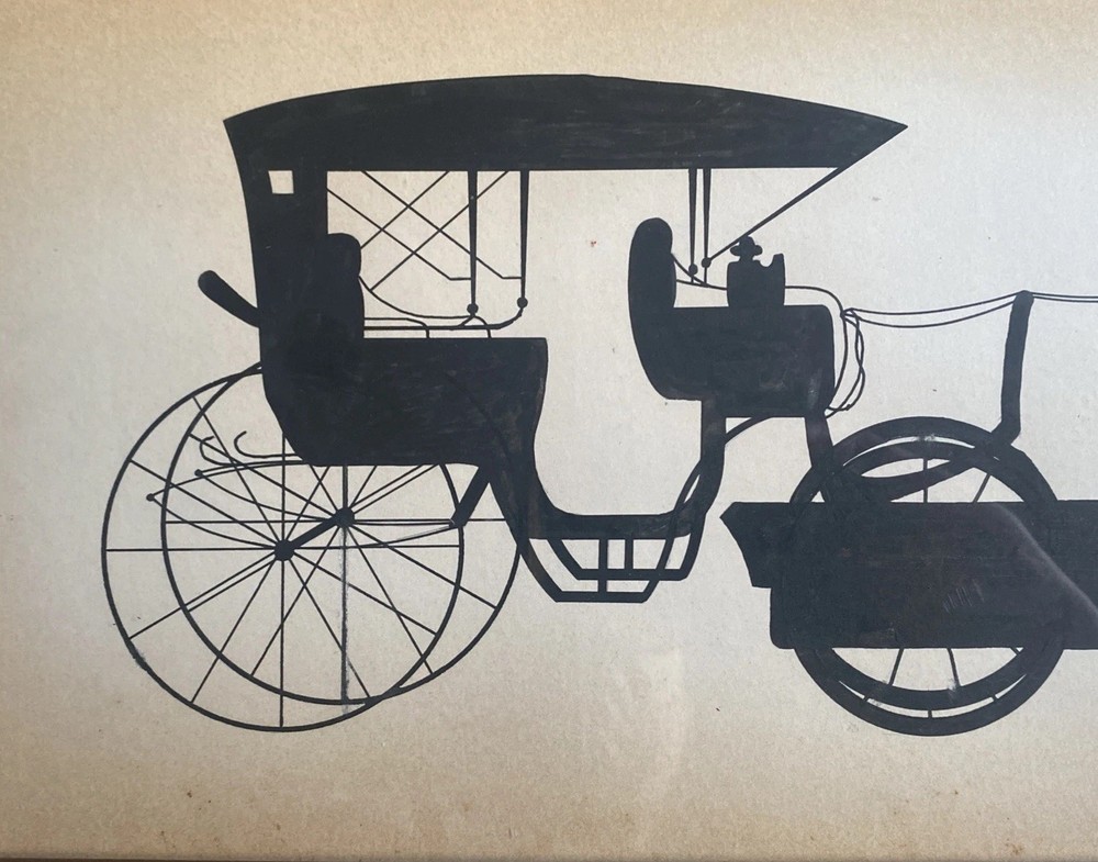 Two Antique Copper Framed Motor Carriage Silhouette Original Artwork