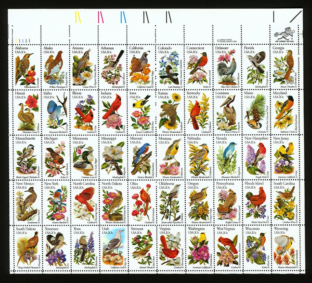#2002C 1982 20c EFO State Birds & Flowers Color Shift Errors Full Sheet + #2002B