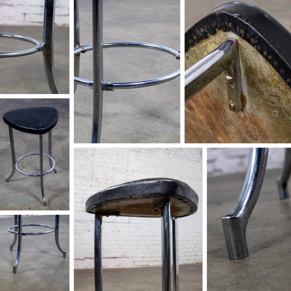 Art Deco Streamline Moderne Low Stool Solid Chrome Legs & Black Vinyl Seat