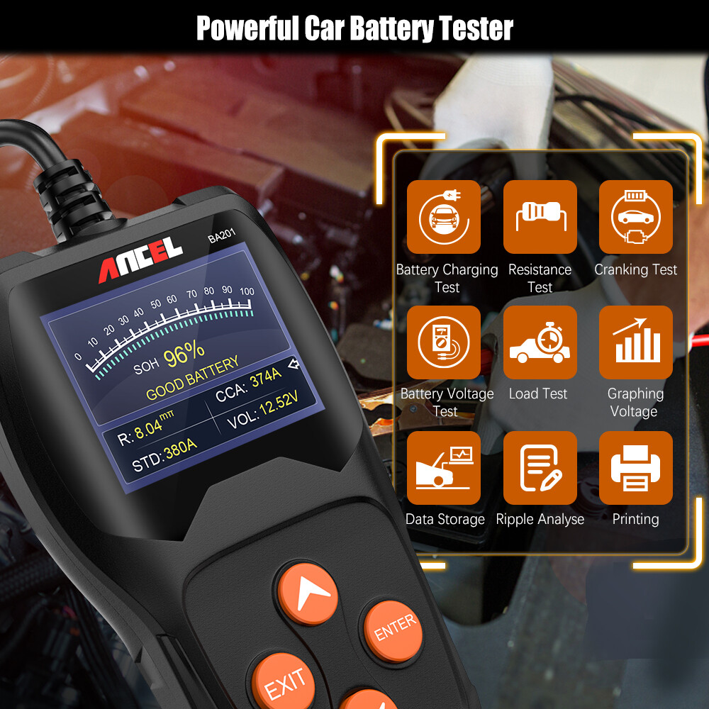 ANCEL BA201 12V Battery Tester 100-2000 CCA Battery Analyzer Cranking Charging