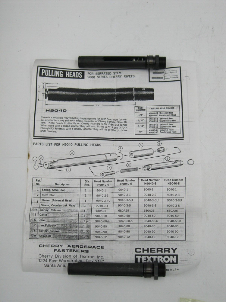CHERRY TEXTRON PULLING HEAD TOOL KIT PN: H9015-6C PN: H9015-5C