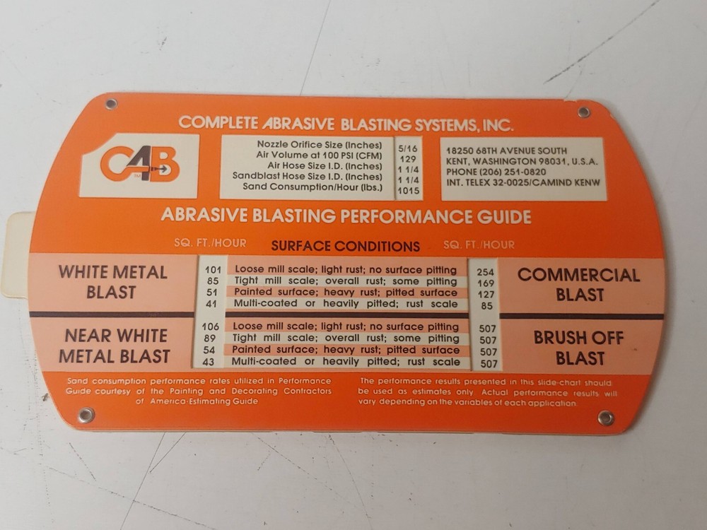 Complete Abrasive Blasting System Abrasive Blasting Performance Guide Slide Rule