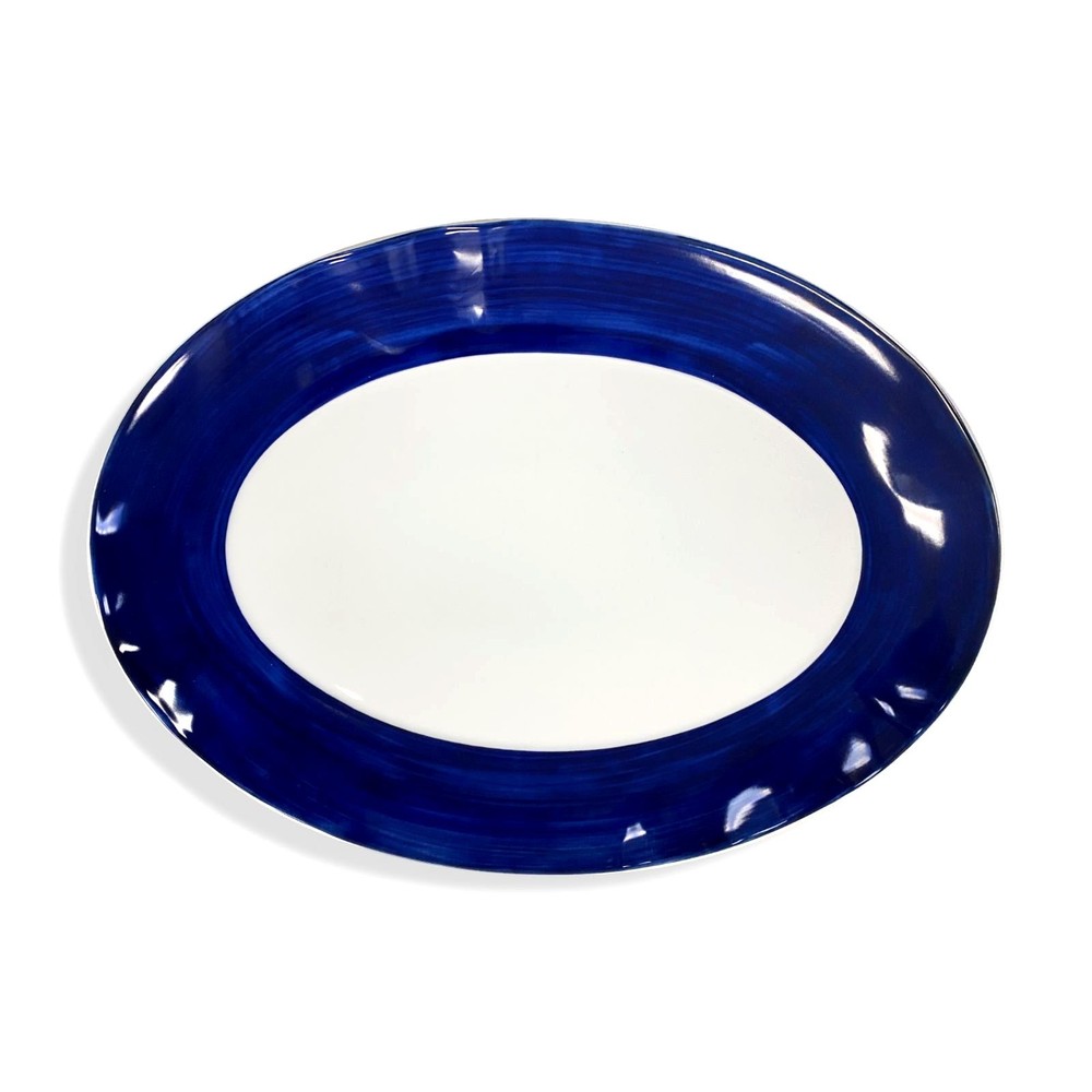 $110 Neiman Marcus Cobalt Blue White Brushstroke Small Oval Serving Platter.