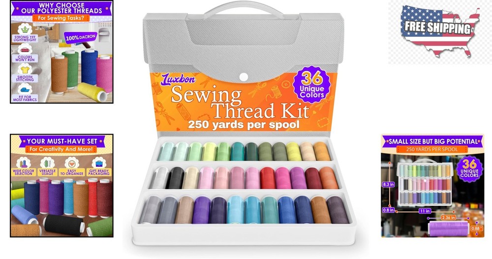 36-Piece Bright Polyester Sewing Thread Set - 250 Yards Each for Versatile Cr...