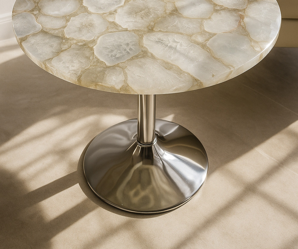 30” White Agate Round Table top , Handmade Luxury Gemstone Accent corner Table