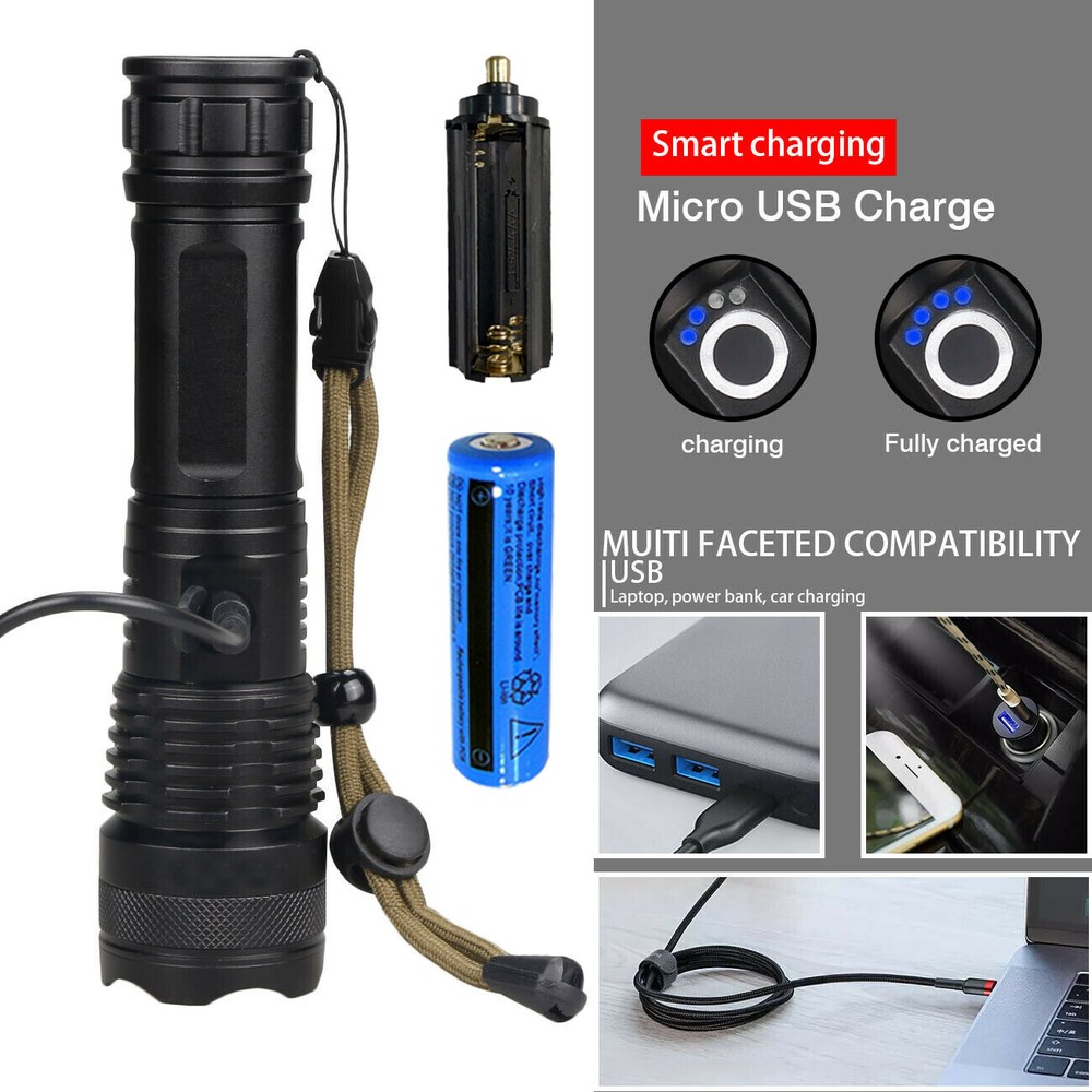 Most Powerful 99000000LM LED Flashlight Zoom USB Rechargeable Super Bright Torch