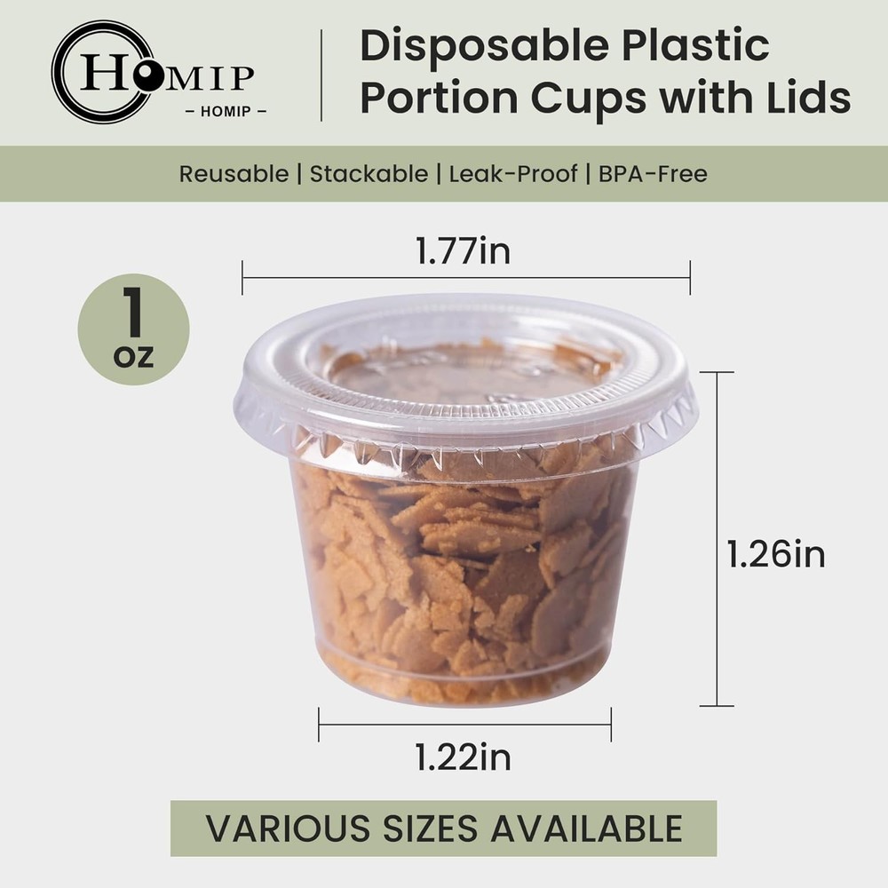 100Pack 1oz Disposable Plastic Portion Cups with Lids, Small Mini Sauce
