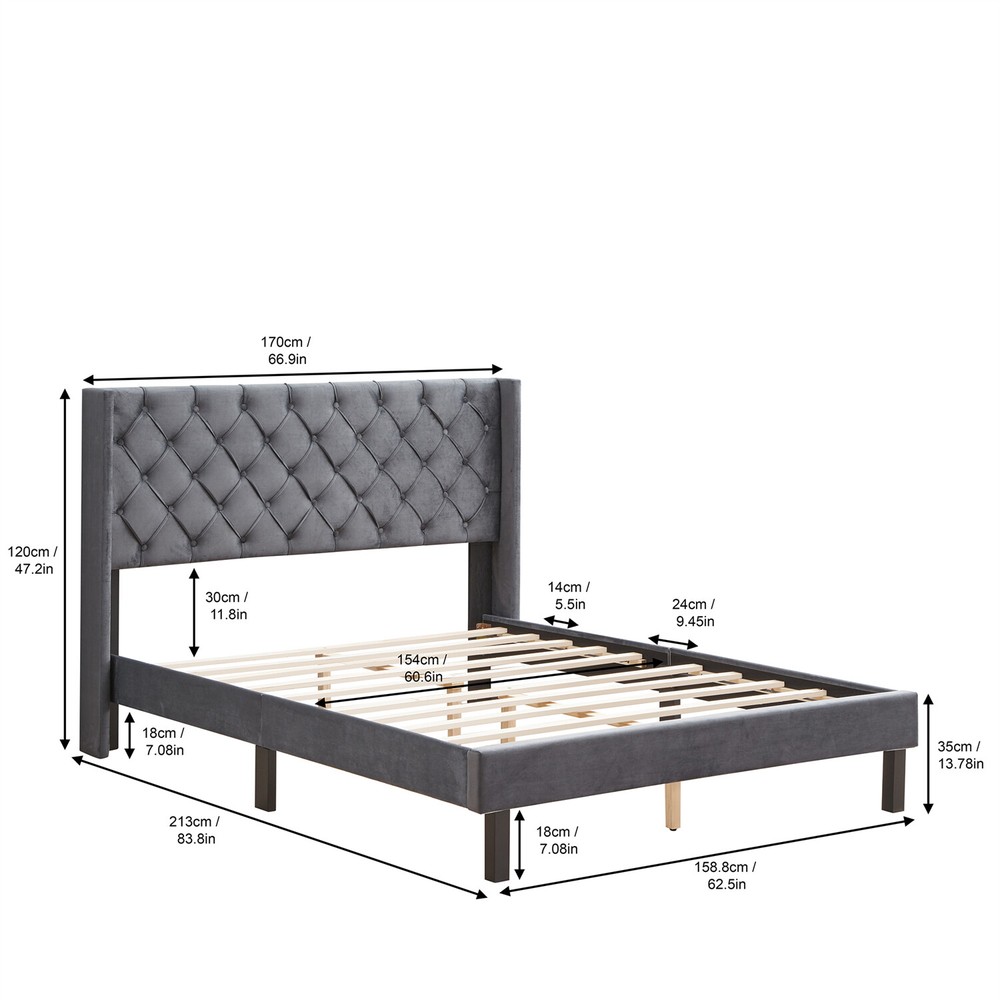 Queen Size Bed Frame Upholstered Platform Bed w/ Upholstered Headboard US