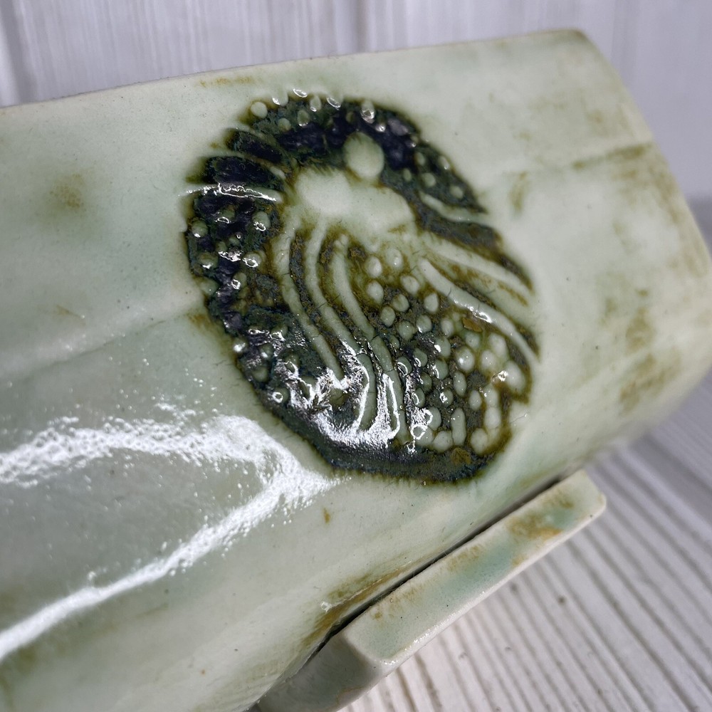 Artisan Pottery Bread Mail Holder Green Ceramic Stamped