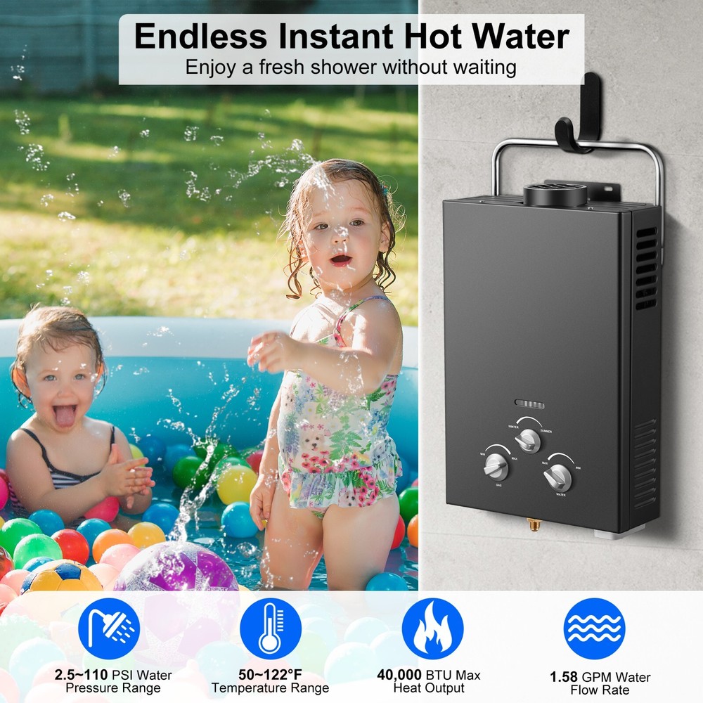 Amzgachfktch Tankless Water Heater 6L1.58 GPM Portable Gas Water Heater,Handle