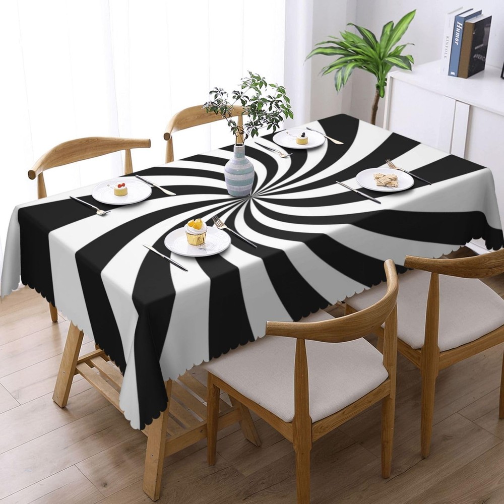 Black White Rectangle Tablecloth Funny Swirl Stripes Table Cloth Modern Recta...