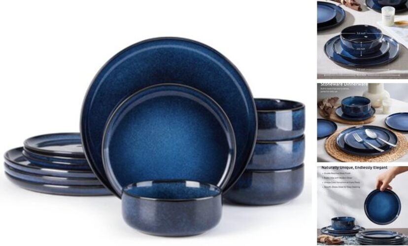 Dinnerware Sets for 4, 12-Piece Stoneware Plates Deep Sea Blue Service for 4