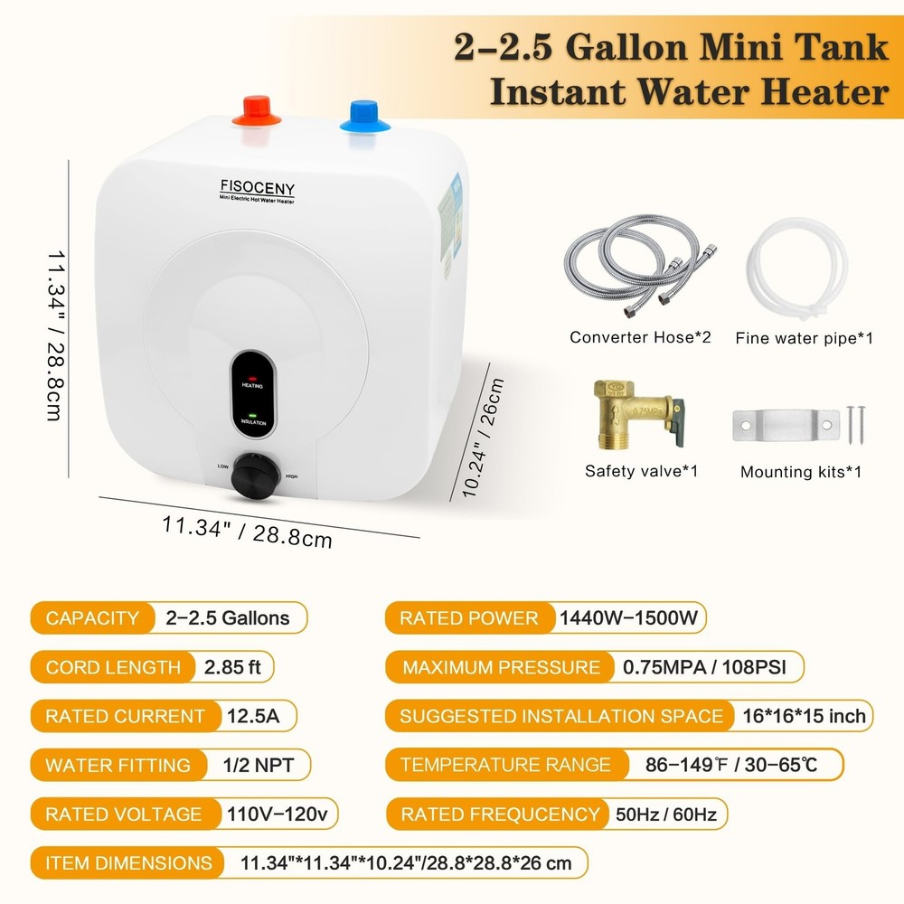 2.5 Gallon Mini Tank Water Heater Under Sink Hot Water 1500W 120V Water Heate...