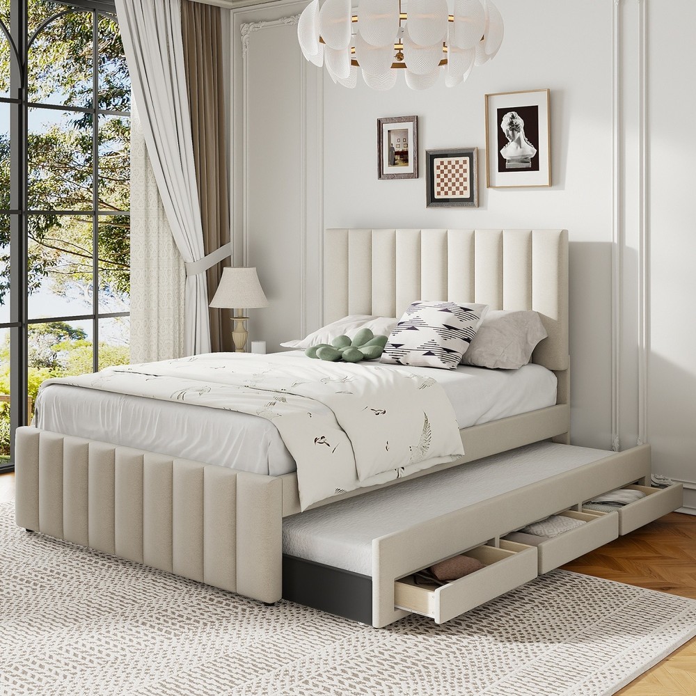 Full Size Bed Frame Linen Upholstered Platform Bed w/ Trundle Bed & 3 Drawers